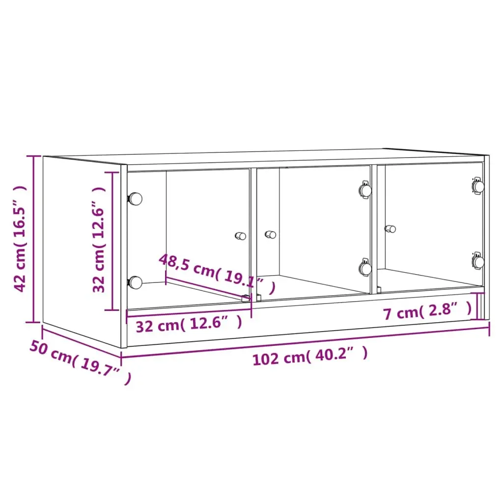 Coffee Table Storage Display 102L x 50W x 42H cm White Glass Doors Living Room Furniture
