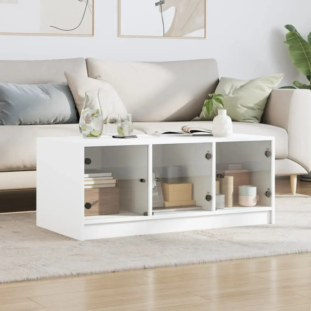 Coffee Table Storage Display 102L x 50W x 42H cm White Glass Doors Living Room Furniture