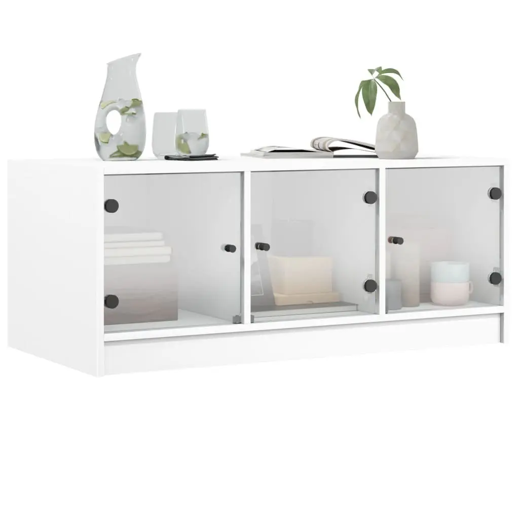 Coffee Table Storage Display 102L x 50W x 42H cm White Glass Doors Living Room Furniture