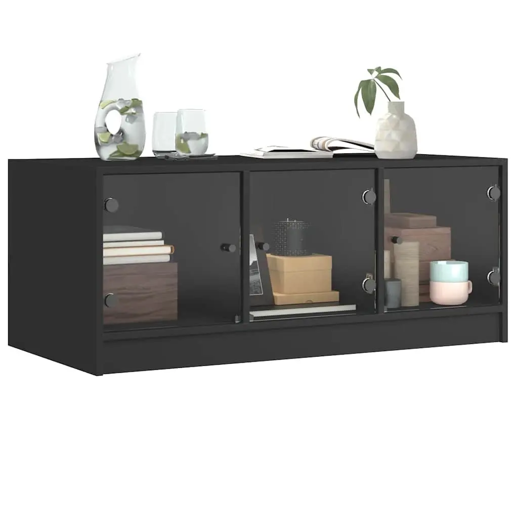 Coffee Table Storage Black 102 x 50 x 42 cm with Glass Doors for Living Room