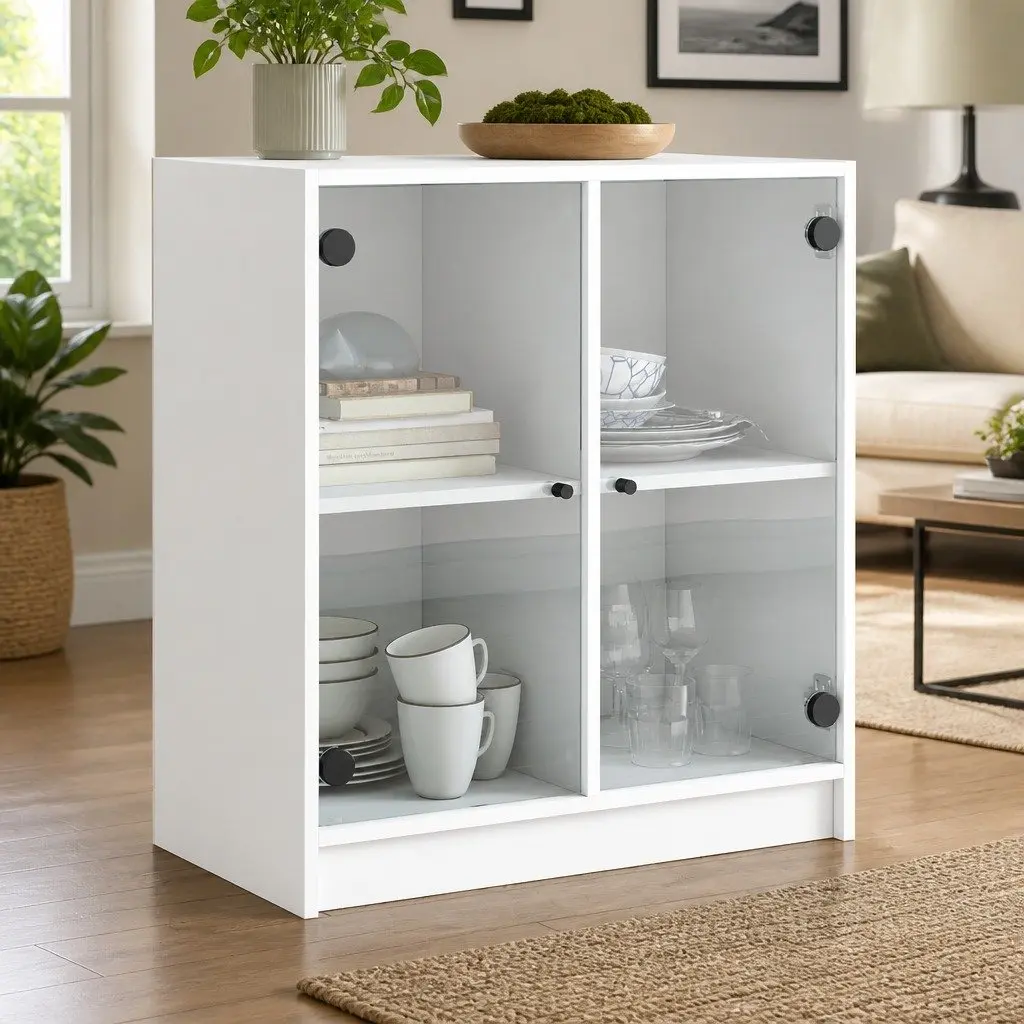 White Sideboard with Glass Doors and Ample Space