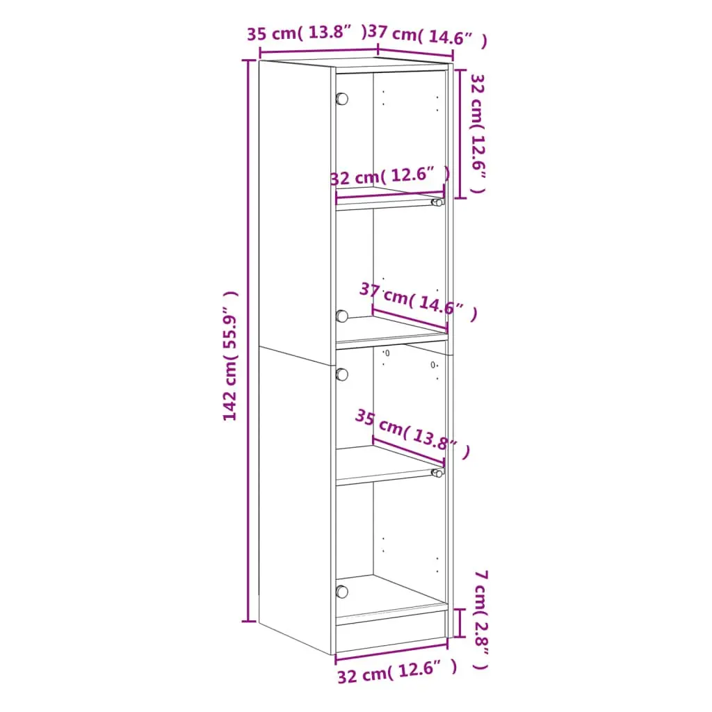 White Highboard Storage Cabinet Glass Doors Shelving Unit Furniture 35x37x142cm