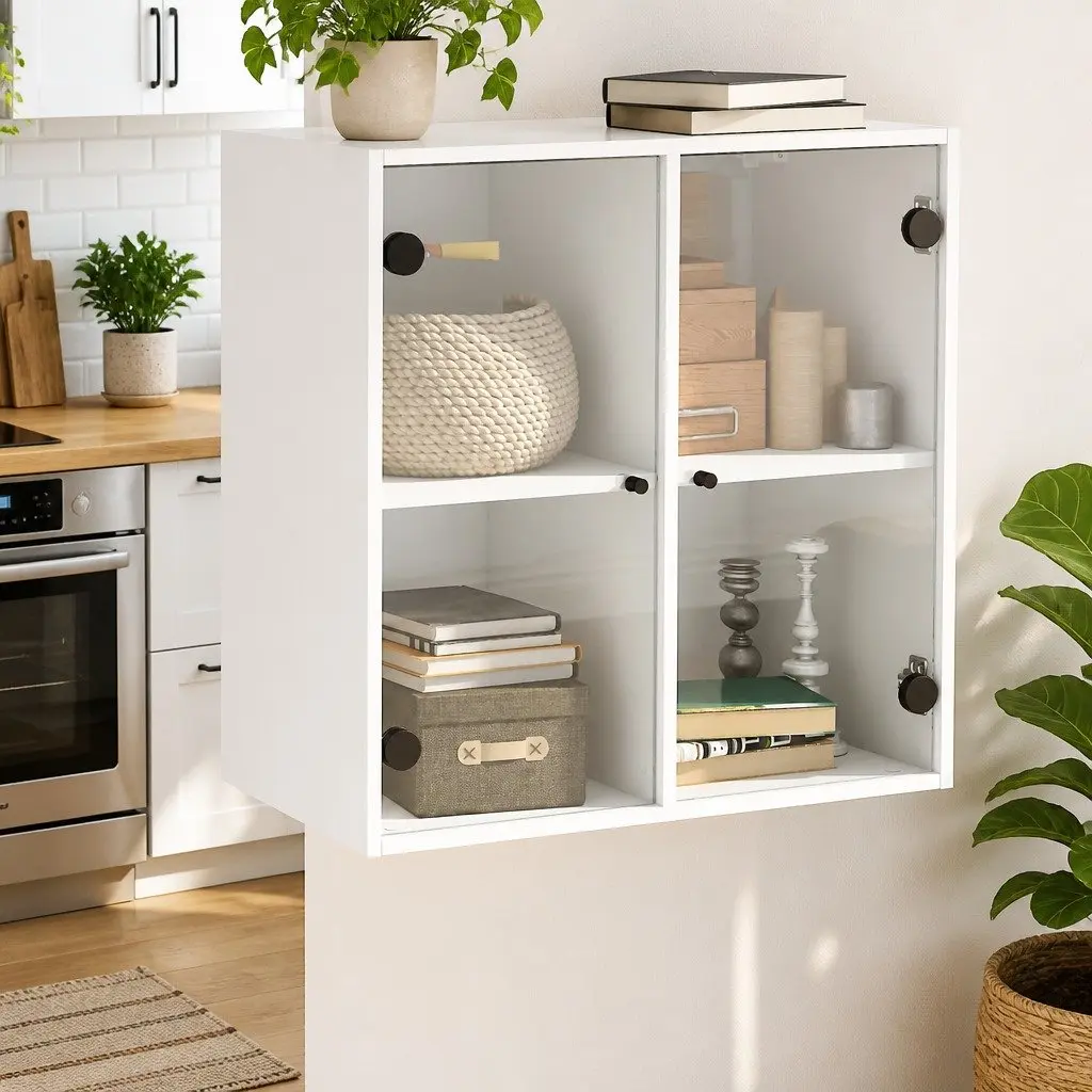 Wall Cabinet White Storage Unit 68x37x68.5cm Glass Doors
