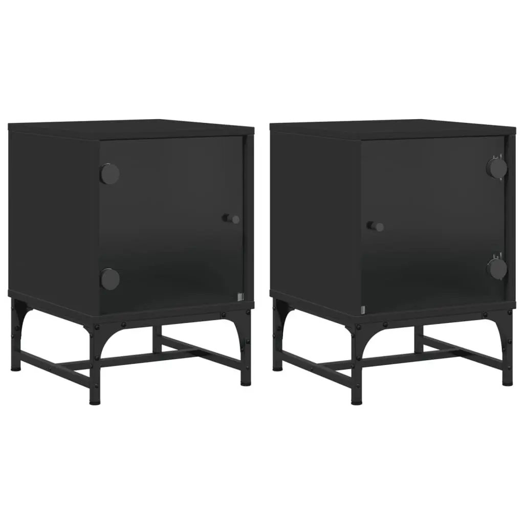 Bedside Cabinets Storage Tables 2 Piece Black Glass Doors