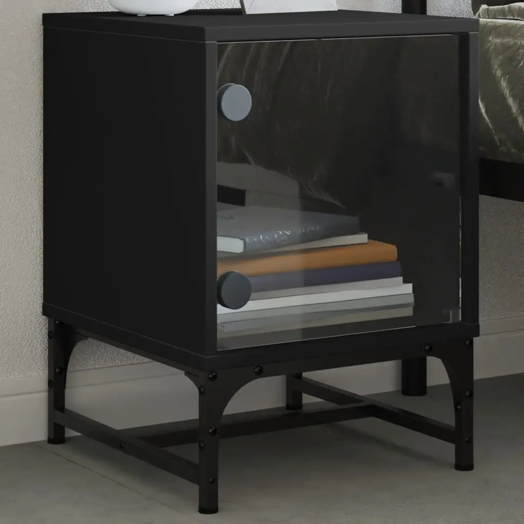 Bedside Cabinets Storage Tables 2 Piece Black Glass Doors