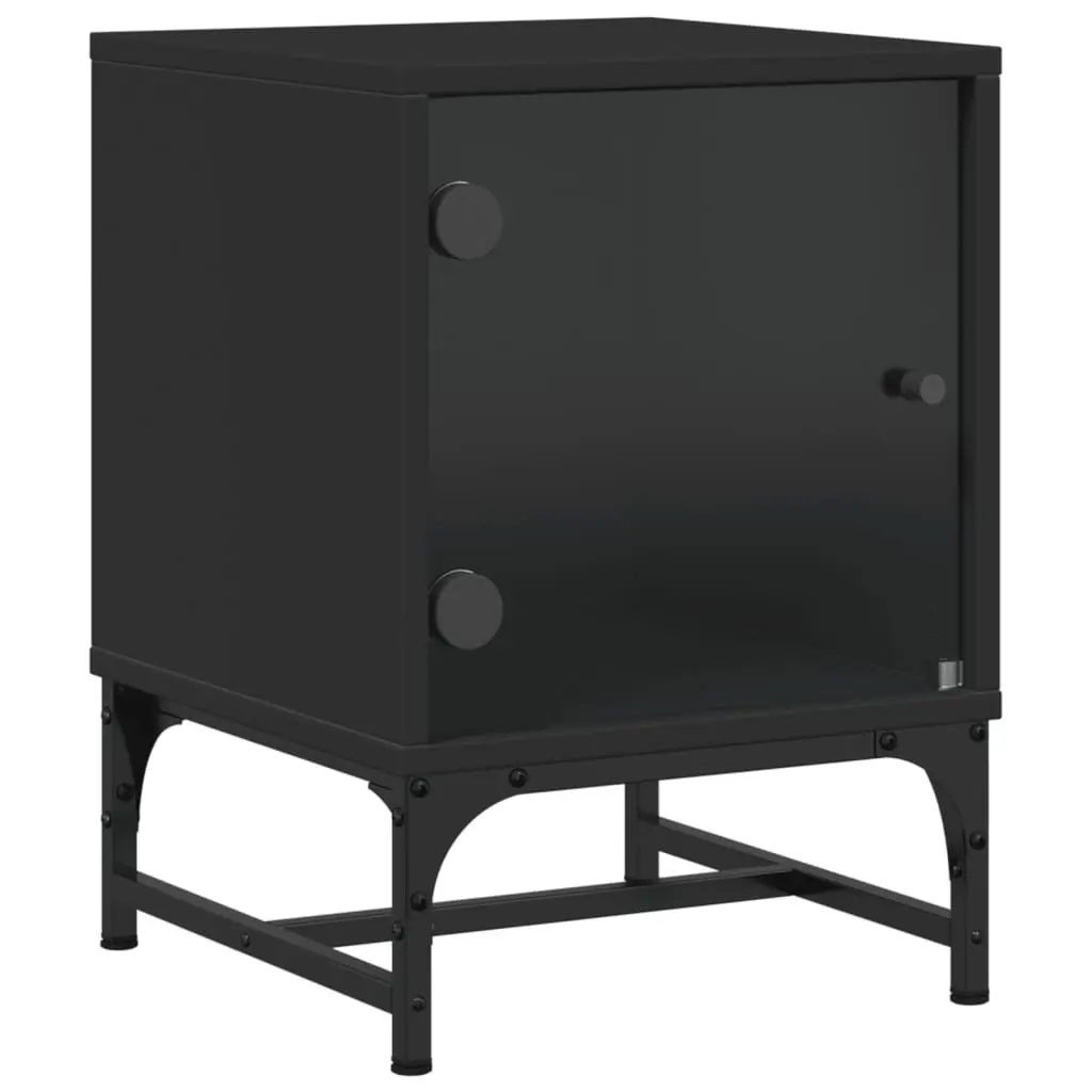 Bedside Cabinets Storage Tables 2 Piece Black Glass Doors