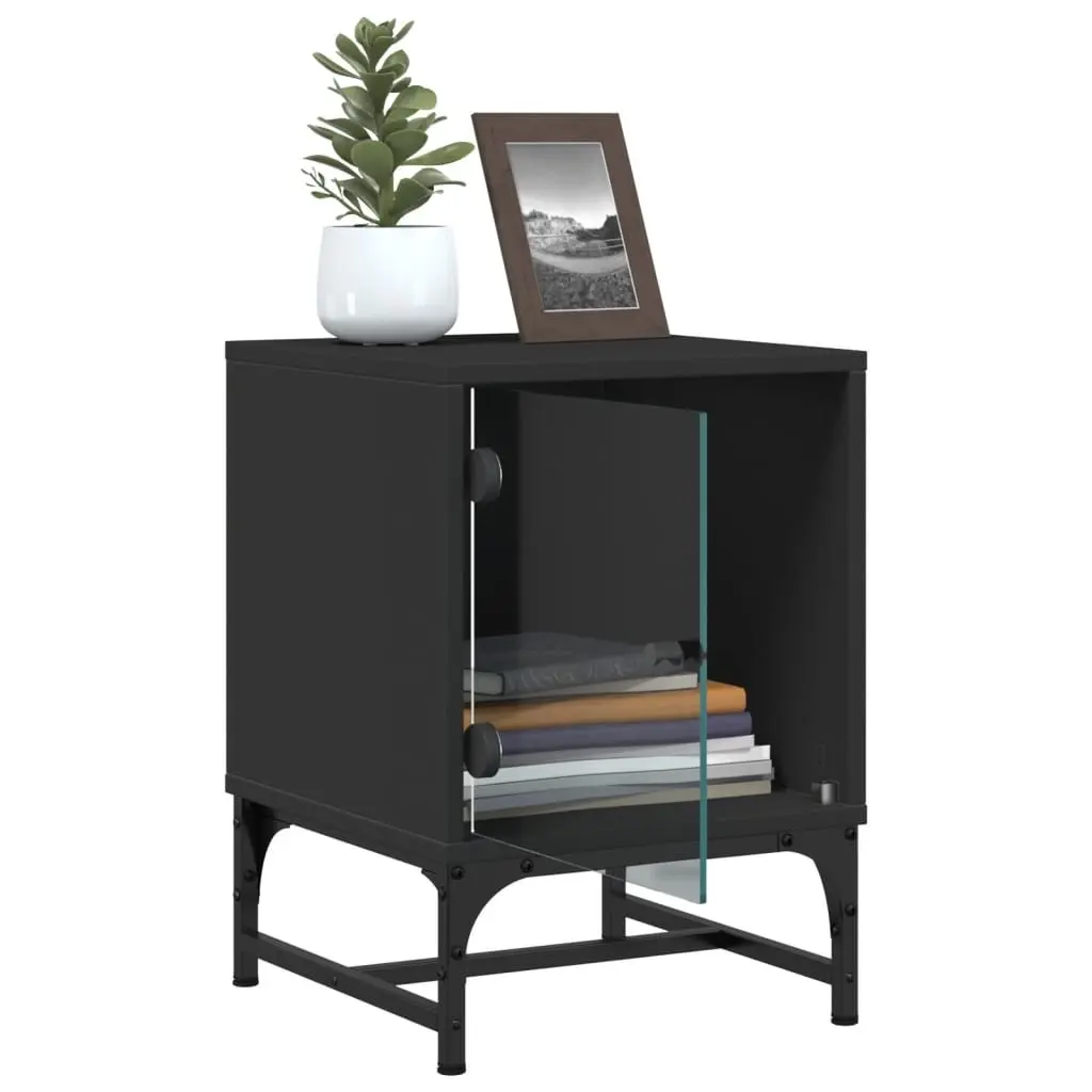 Bedside Cabinets Storage Tables 2 Piece Black Glass Doors