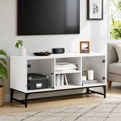 TV Cabinet White Glass Doors Media Storage Unit Living Room Furniture