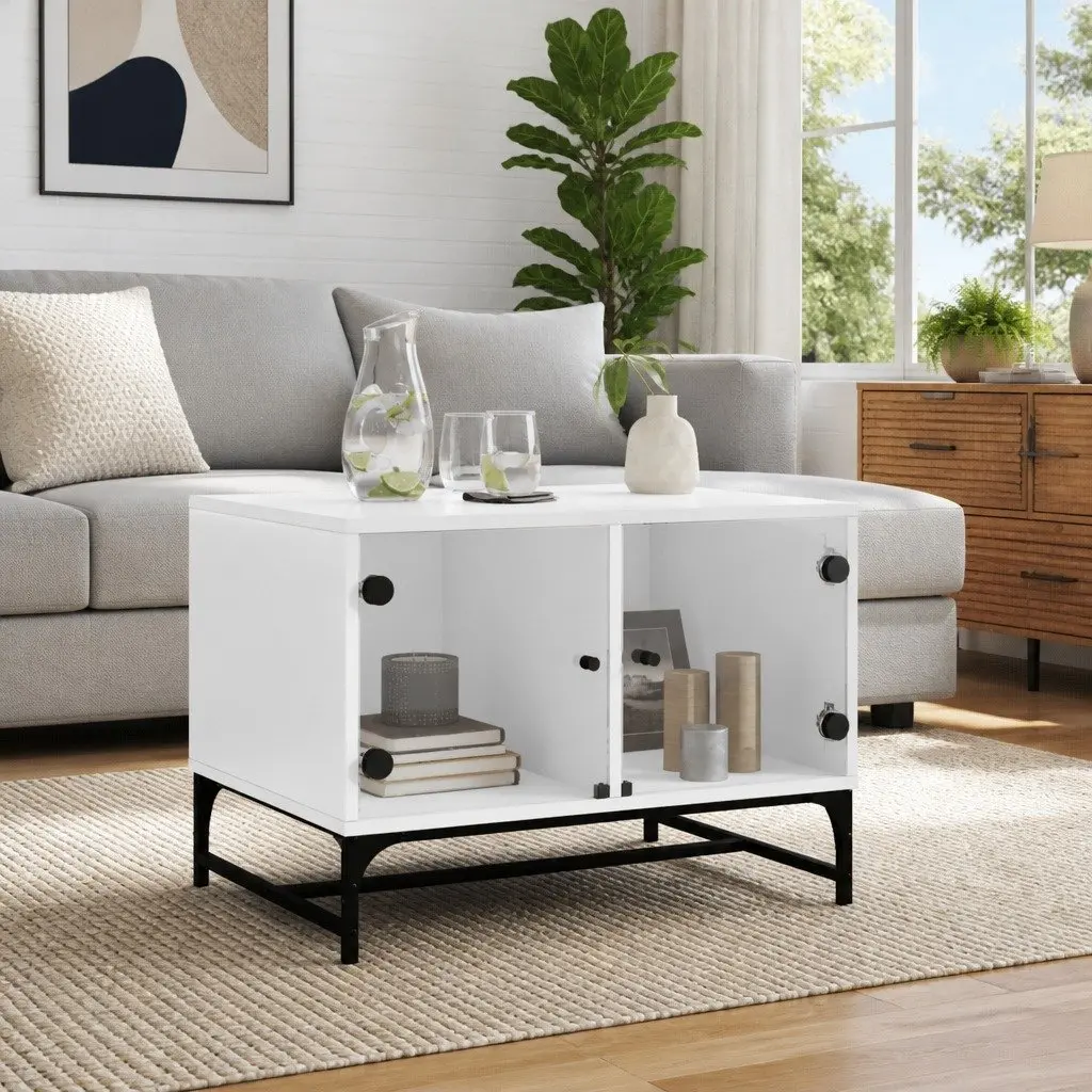 Coffee Table Storage Display White Glass Doors Living Room 68.5 x 50 x 50 cm