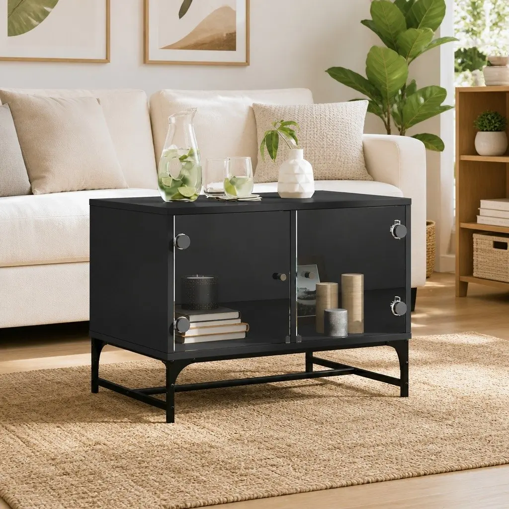 Black Coffee Table with Glass Door Storage