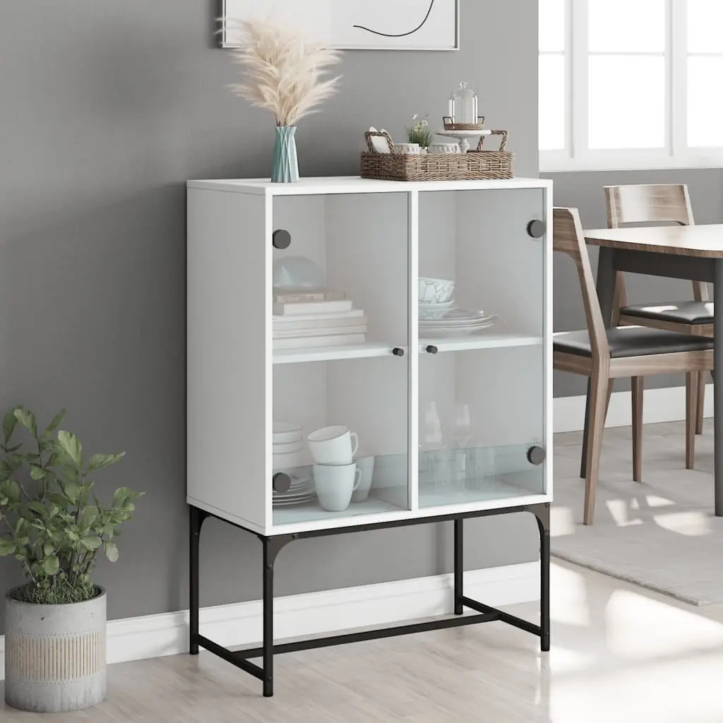 Side Cabinet with Glass Doors White Storage Furniture Buffet Sideboard Display