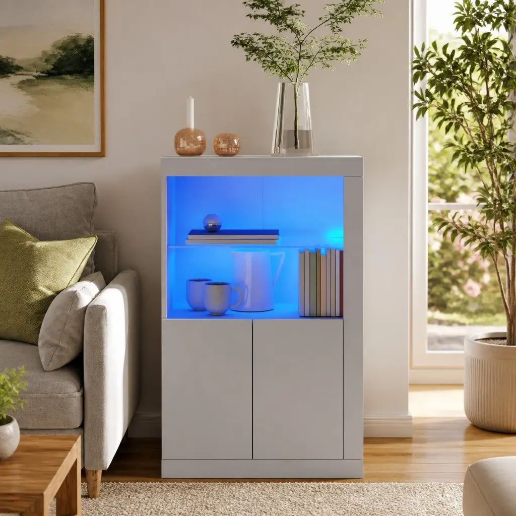 Side Cabinet RGB LED Lights Storage Engineered Wood White Glass Shelf