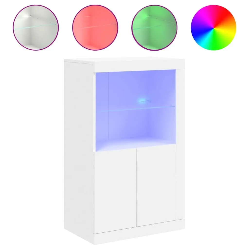 Side Cabinet RGB LED Lights Storage Engineered Wood White Glass Shelf