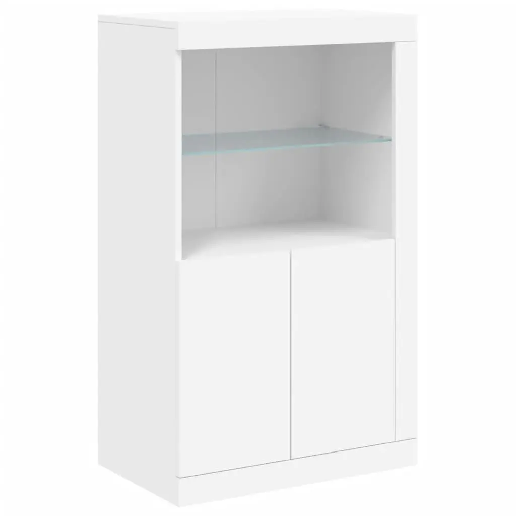 Side Cabinet RGB LED Lights Storage Engineered Wood White Glass Shelf