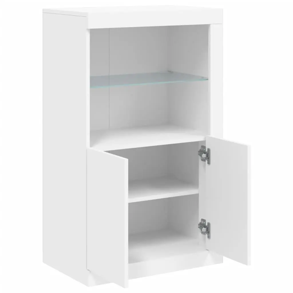 Side Cabinet RGB LED Lights Storage Engineered Wood White Glass Shelf