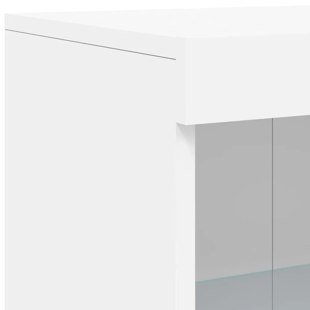 Side Cabinet RGB LED Lights Storage Engineered Wood White Glass Shelf