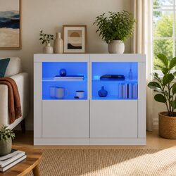Side Cabinet with RGB LED Lights Storage Unit White Engineered Wood 2 pcs