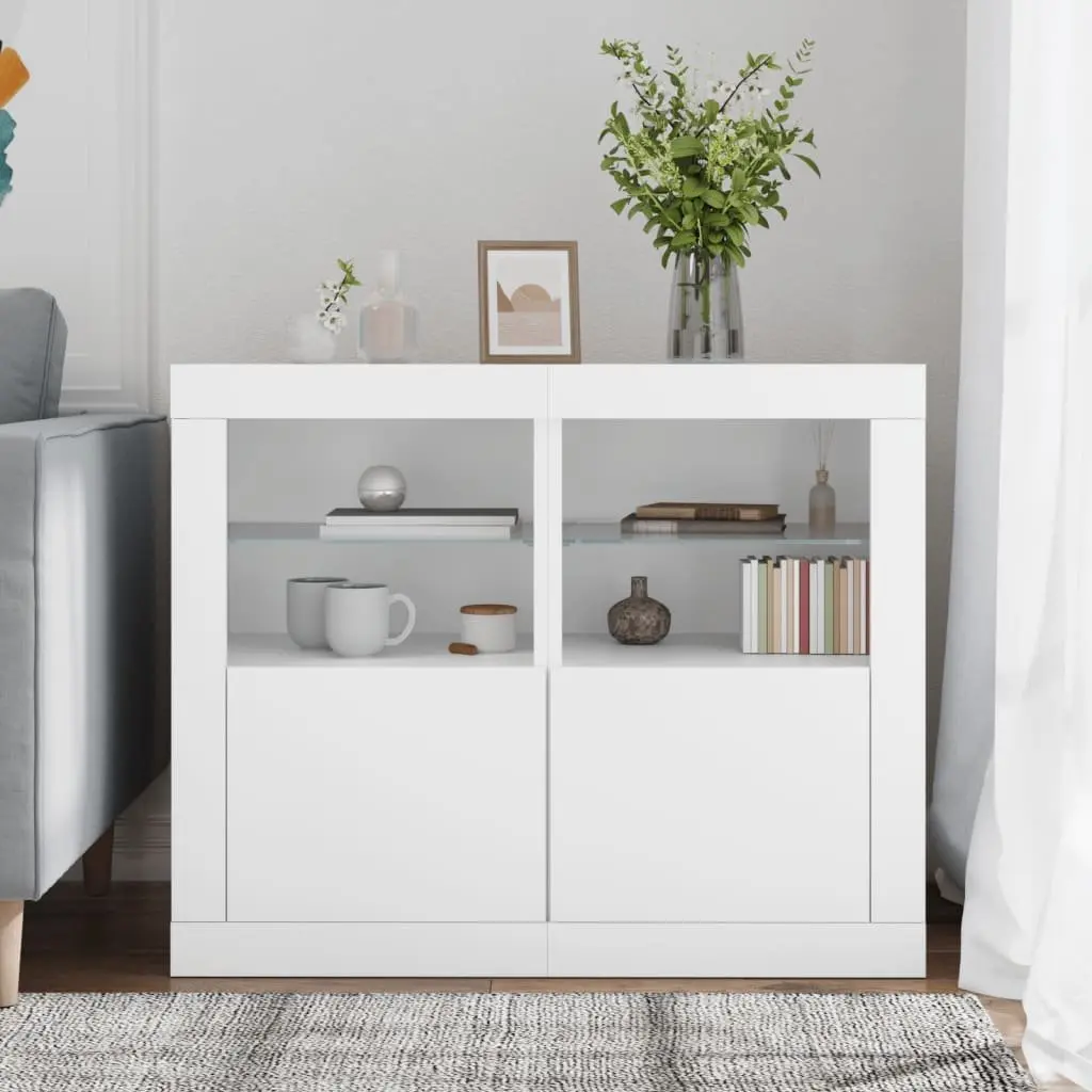 Side Cabinet RGB LED Lights Storage Unit White Engineered Wood 2 Piece