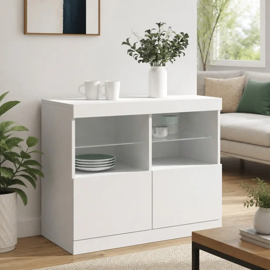 White Sideboard Cabinet with RGB LED Lights Storage Buffet Living Room Furniture