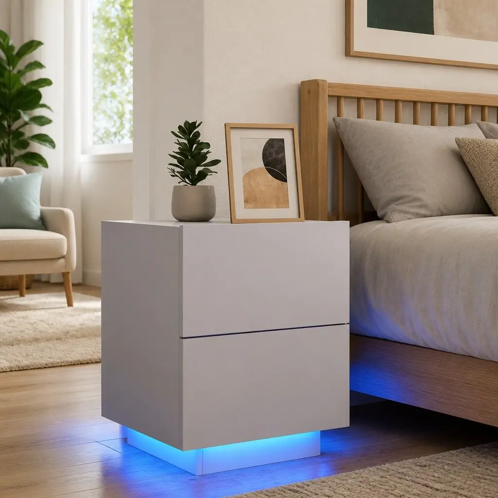 Bedside Cabinet with RGB LED Lights 2 Drawer White Engineered Wood Nightstand