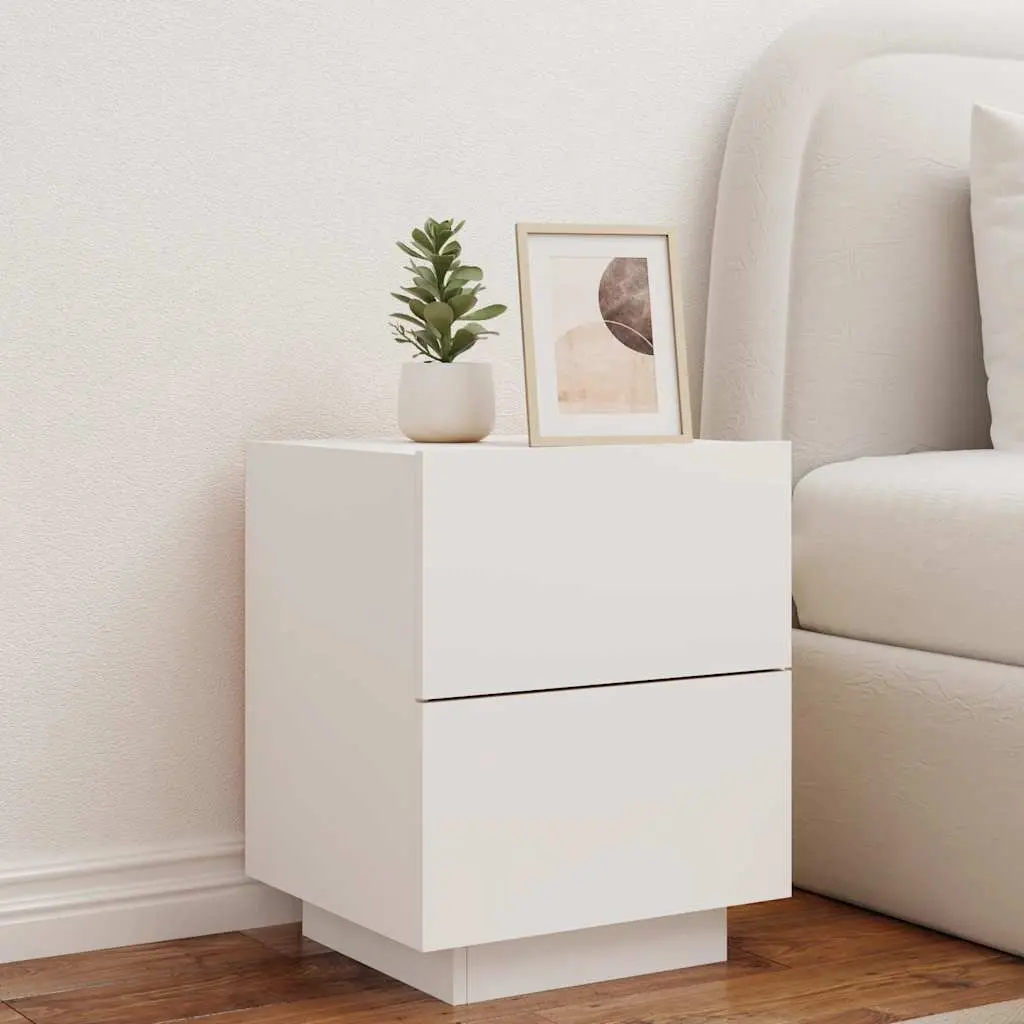 Bedside Cabinet with RGB LED Lights 2 Drawer White Engineered Wood Nightstand