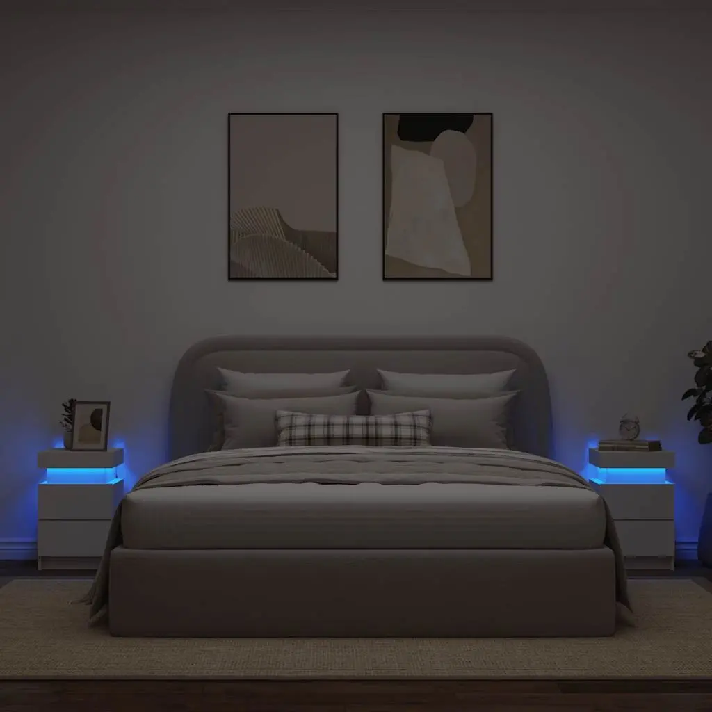 Bedside Table with RGB LED Lights 35x39x55cm Modern Storage Cabinet White 2pcs