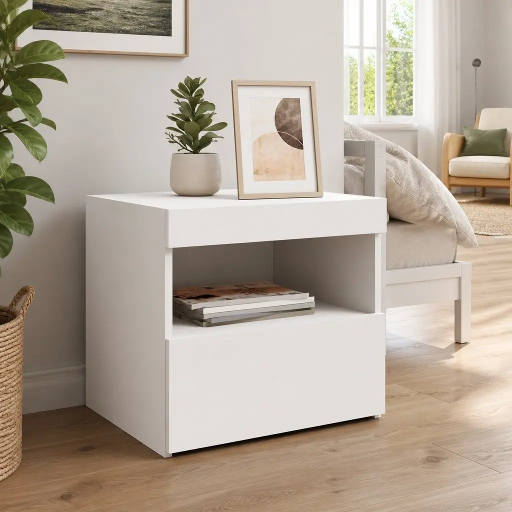 Bedside Cabinet Storage Table RGB LED Lights White Modern 50W x 40D x 45H cm