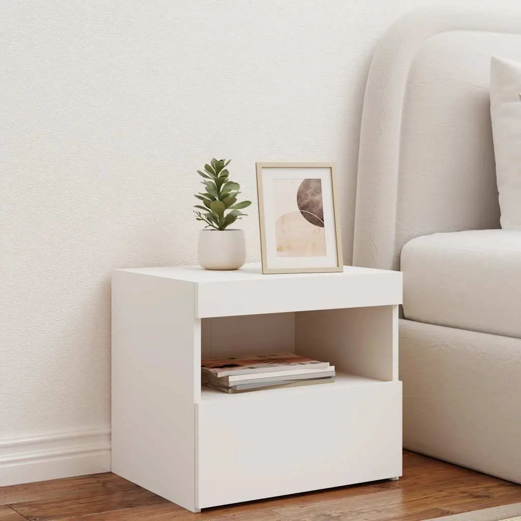Bedside Cabinet Storage Table RGB LED Lights White Modern 50W x 40D x 45H cm