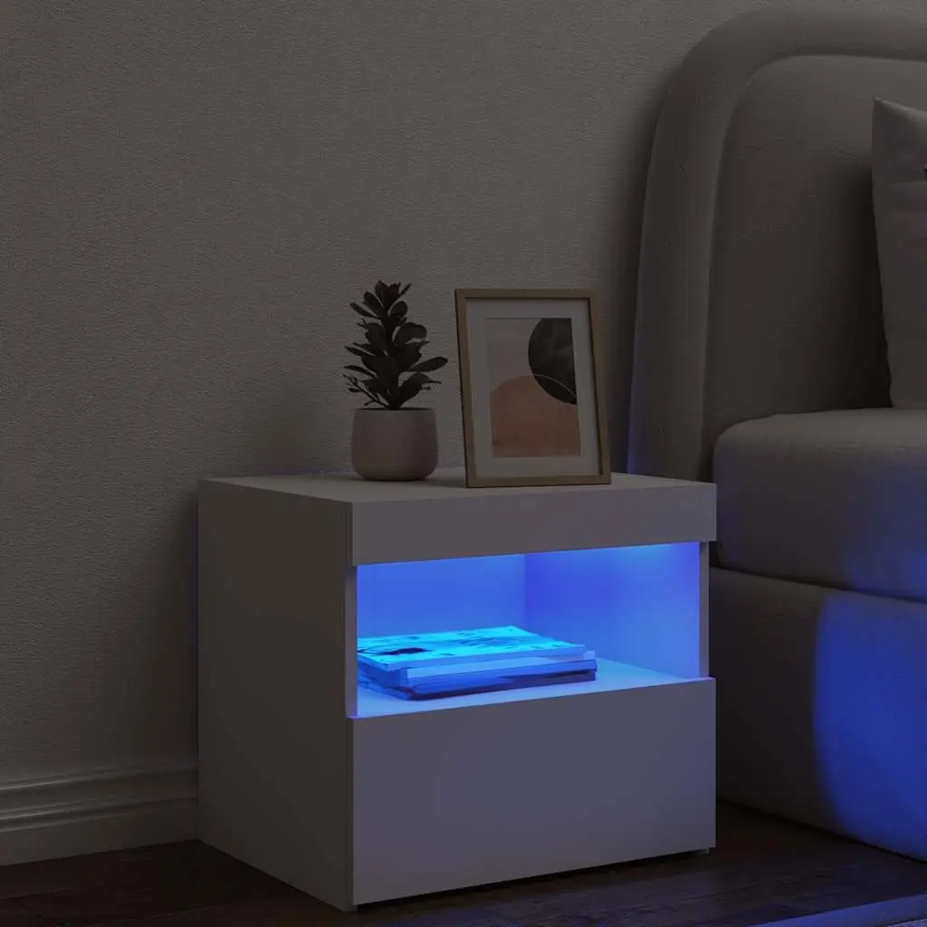 Bedside Cabinet Storage Table RGB LED Lights White Modern 50W x 40D x 45H cm