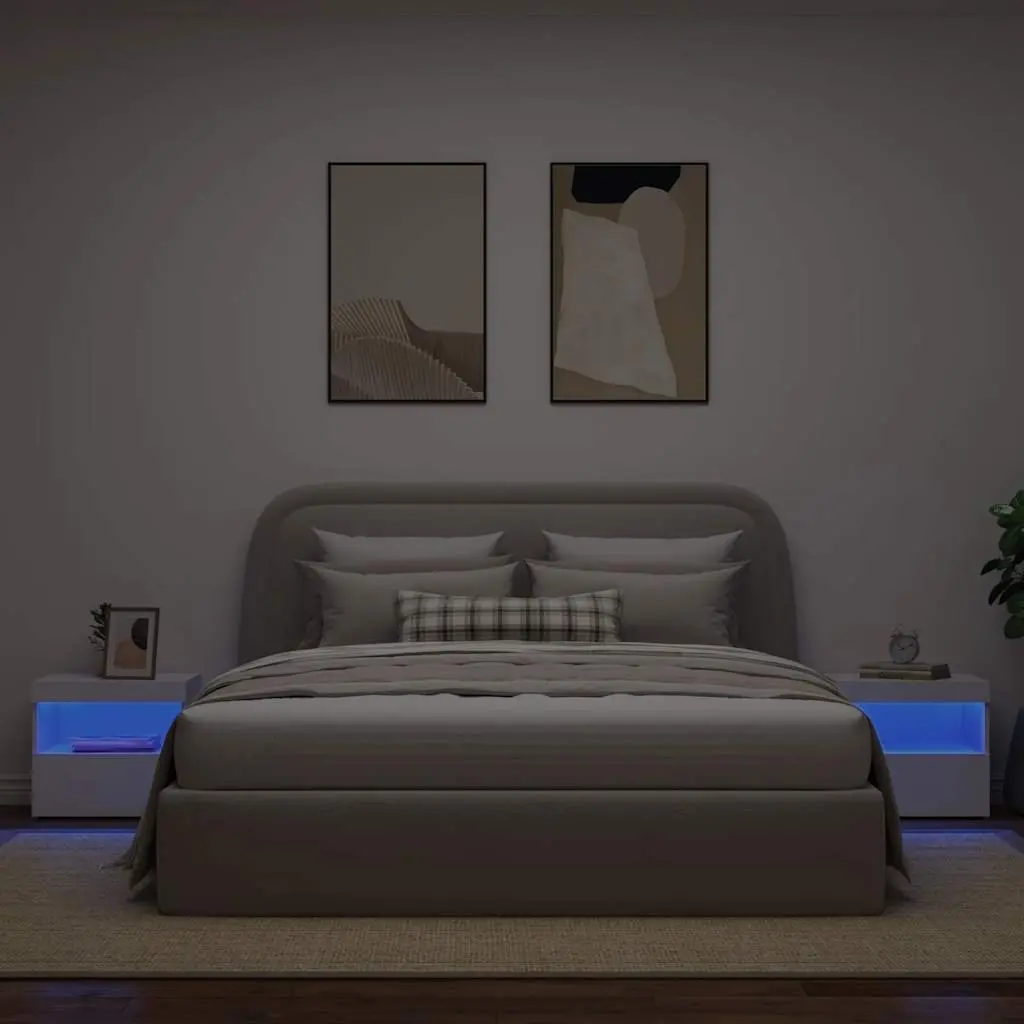 Bedside Table with LED Lights 2 pcs White Modern Storage Cabinet Bedroom