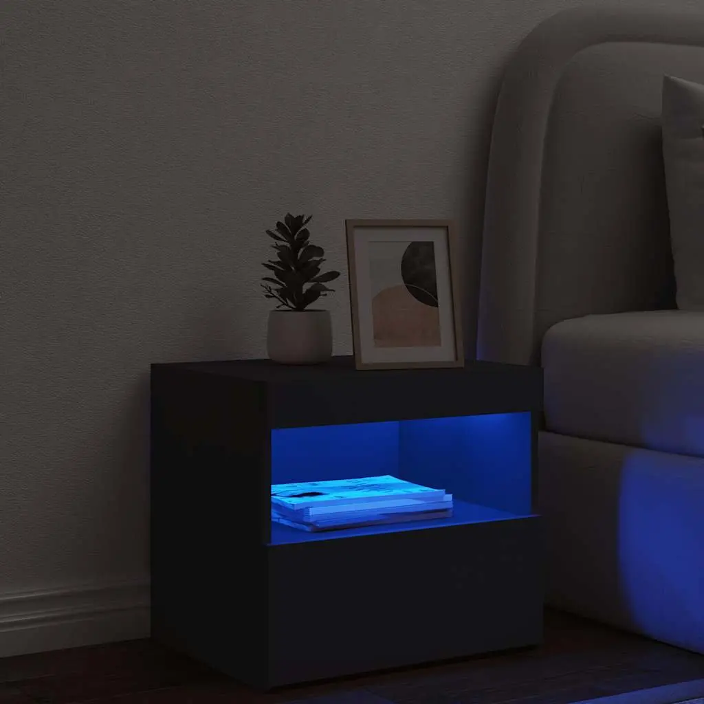 Bedside Cabinet with RGB LED Lights Black Modern Bedroom Side Table Storage