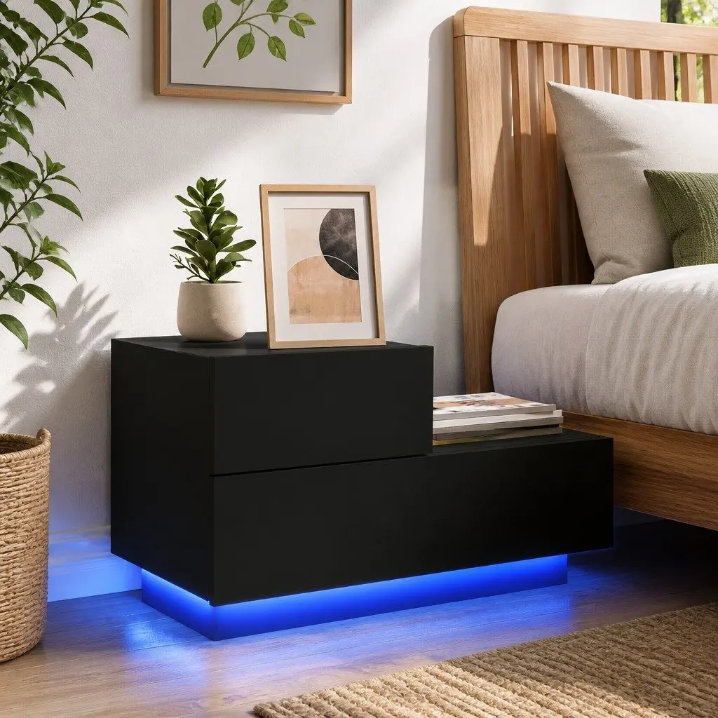 Bedside Cabinet with RGB LED Lights Black Storage Table Nightstand 70x36x40.5cm