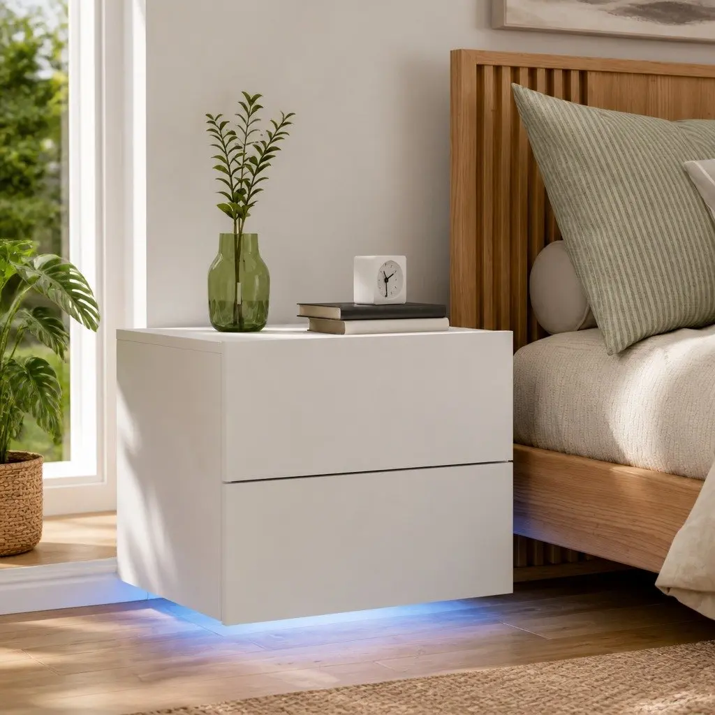Wall-mounted Bedside Cabinet with RGB LED Lights White Floating Storage