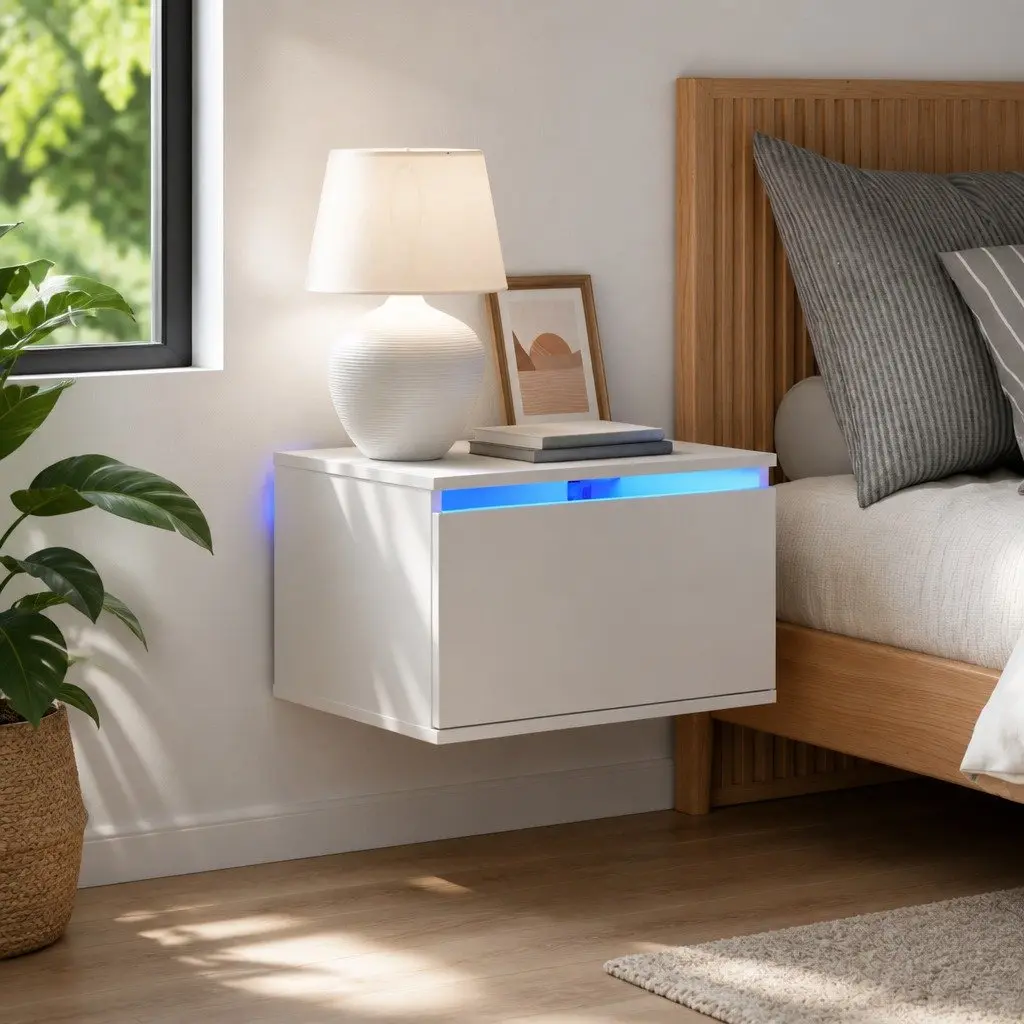 Wall-mounted Bedside Cabinet Storage White RGB LED Lights
