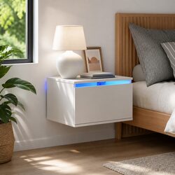 Wall-mounted Bedside Cabinet with RGB LED Lights Storage White
