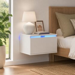 Wall-mounted Bedside Cabinet with RGB LED Lights White Floating Storage Unit