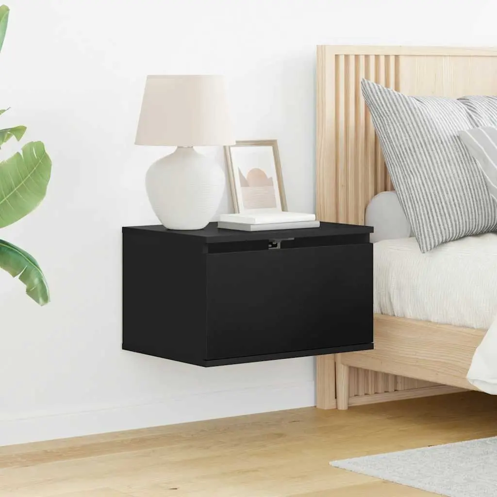 Black Floating Bedside Cabinets Wall-mounted Storage 2 Piece with RGB LED Lights