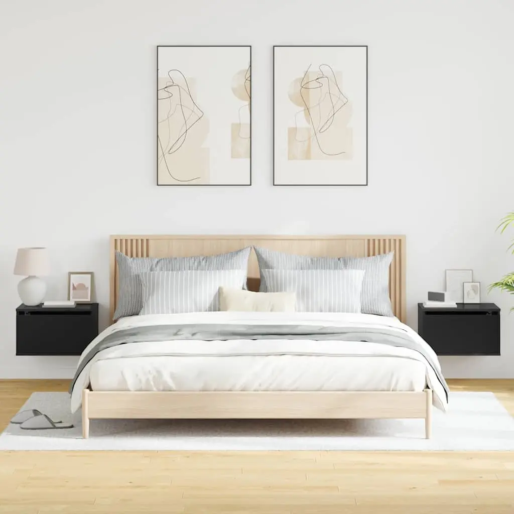 Black Floating Bedside Cabinets Wall-mounted Storage 2 Piece with RGB LED Lights