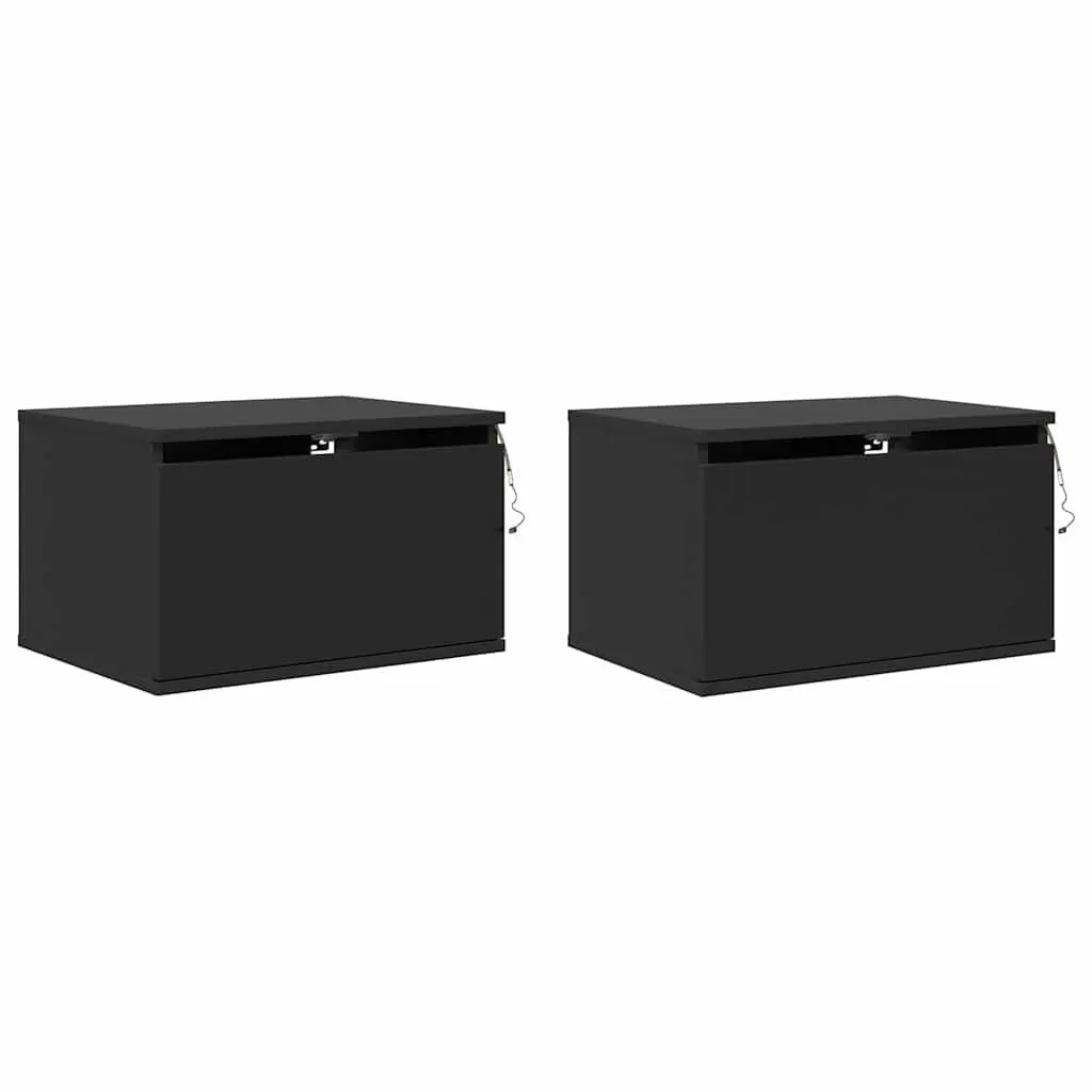 Black Floating Bedside Cabinets Wall-mounted Storage 2 Piece with RGB LED Lights