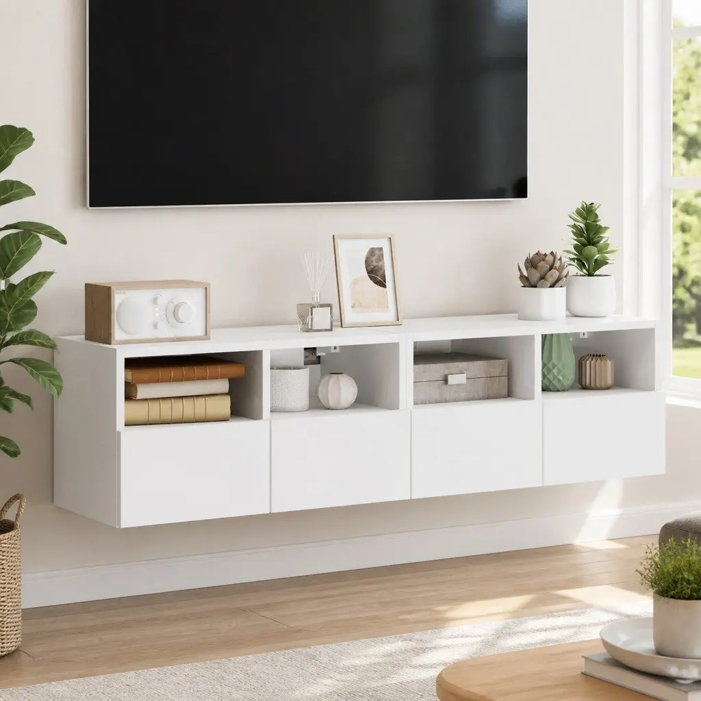 Floating Storage Unit for TV Wall 60x30x30cm White with Door and Shelves