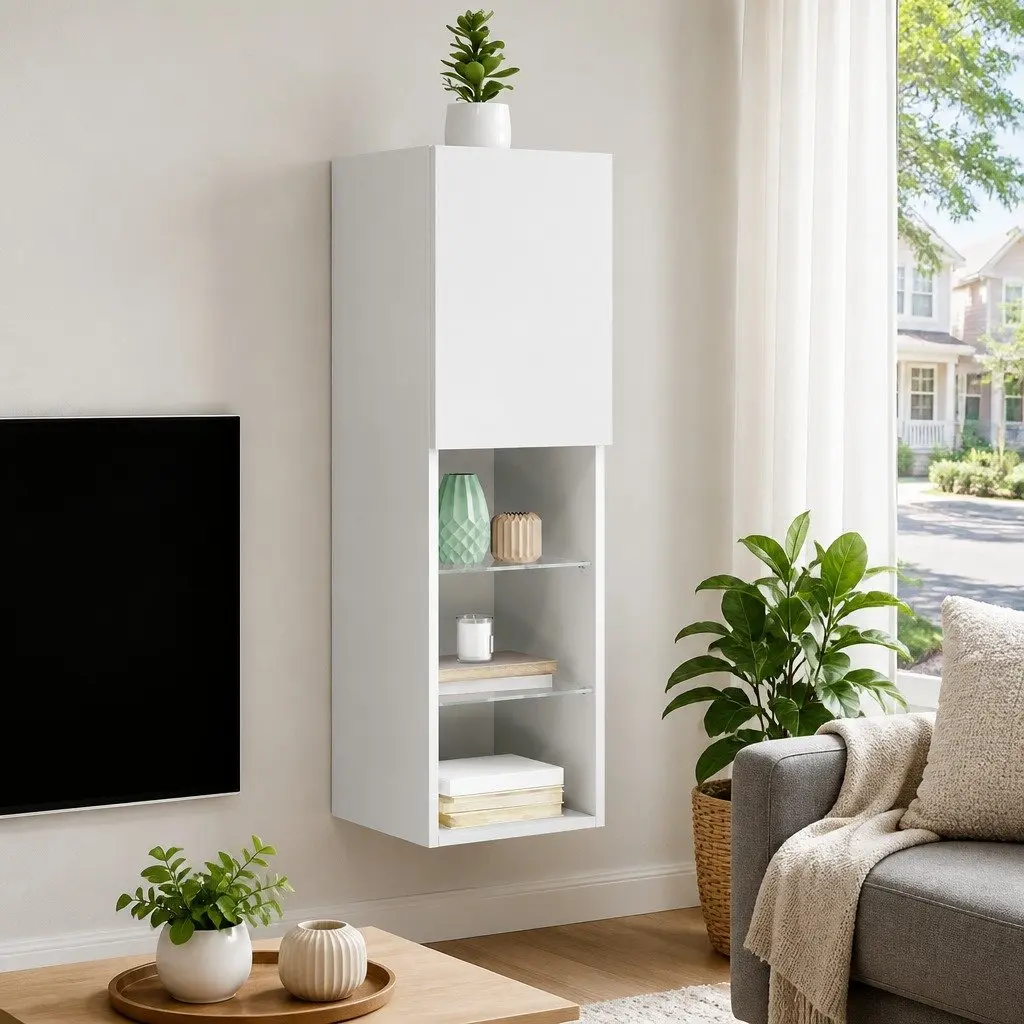 TV Cabinet RGB LED Lights Wall-Mounted Media Unit Storage White 30.5 x 30 x 102 cm