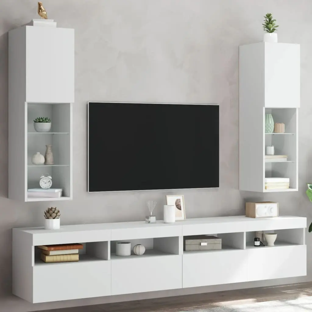 TV Cabinet RGB LED Lights Wall-Mounted Storage Unit White 30.5x30x102cm 2 Piece