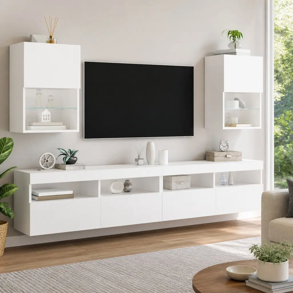 TV Cabinet Media Storage Unit Wall-Mounted 40.5 x 30 x 60 cm White RGB LED Lights 2 Piece
