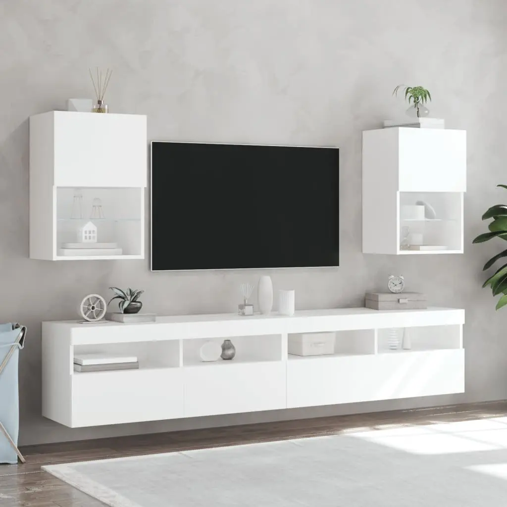 TV Cabinet Media Storage Unit Wall-Mounted 40.5 x 30 x 60 cm White RGB LED Lights 2 Piece