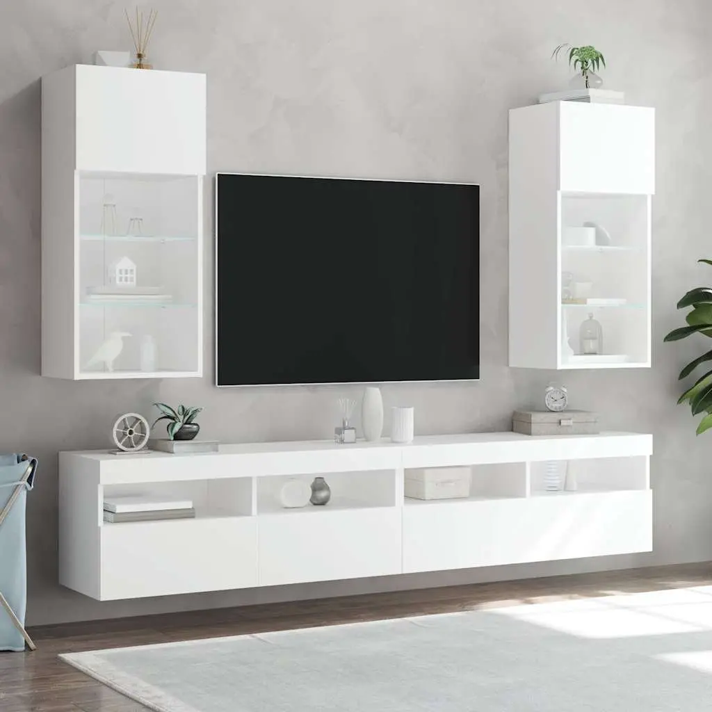 TV Cabinets RGB LED Lights Wall-Mounted Storage Units 40.5x30x90cm White Set of 2