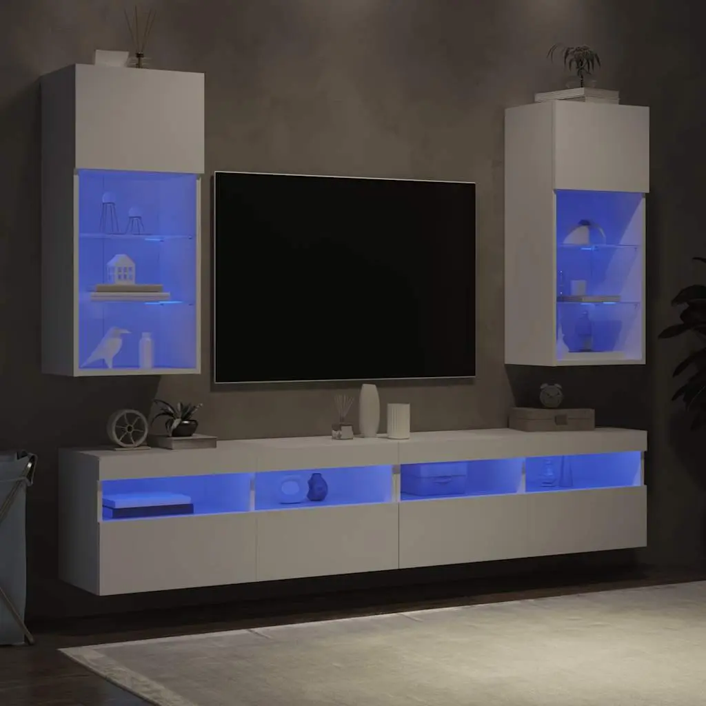 TV Cabinets RGB LED Lights Wall-Mounted Storage Units 40.5x30x90cm White Set of 2