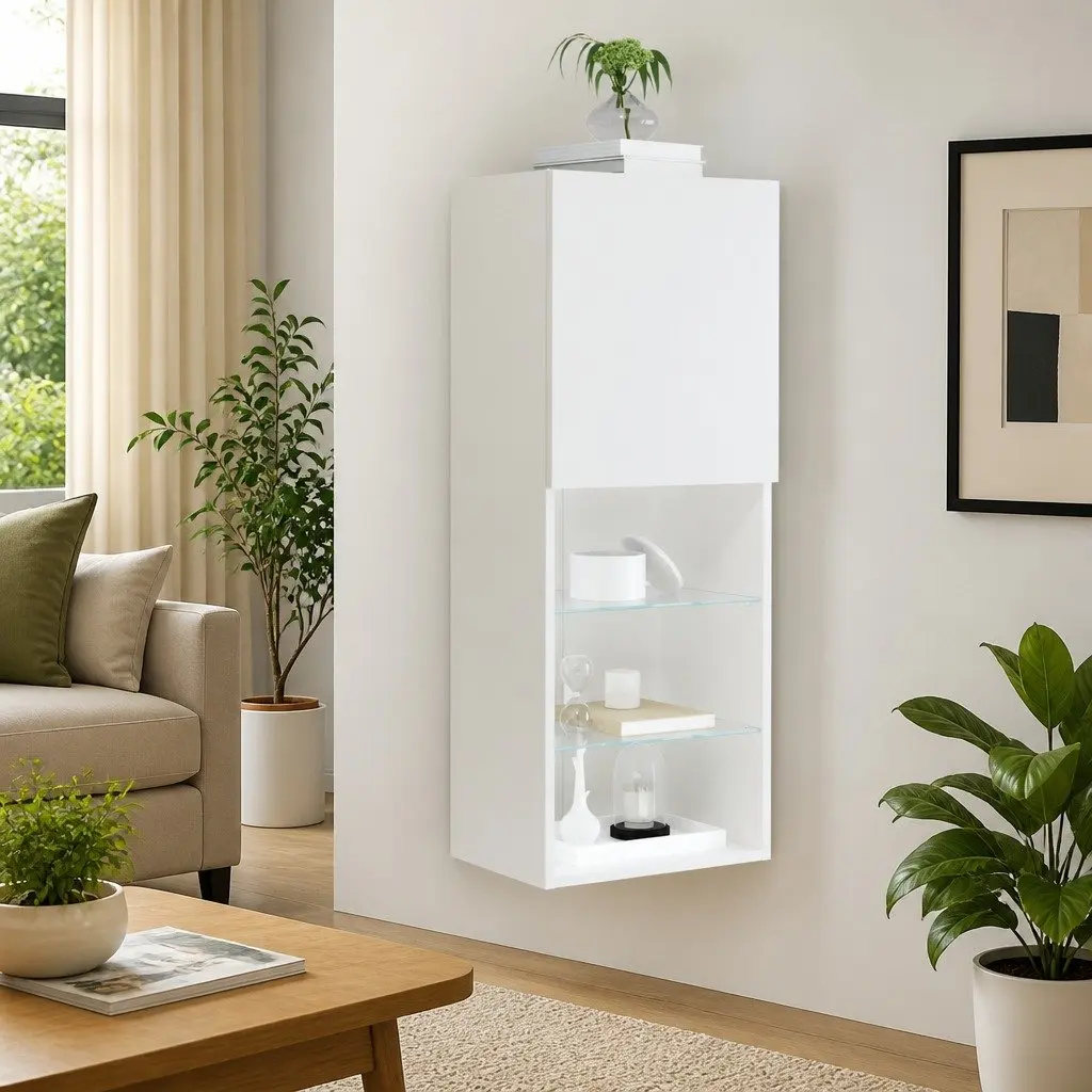 TV Cabinet with RGB LED Lights White Wall-Mounted Entertainment Unit Storage