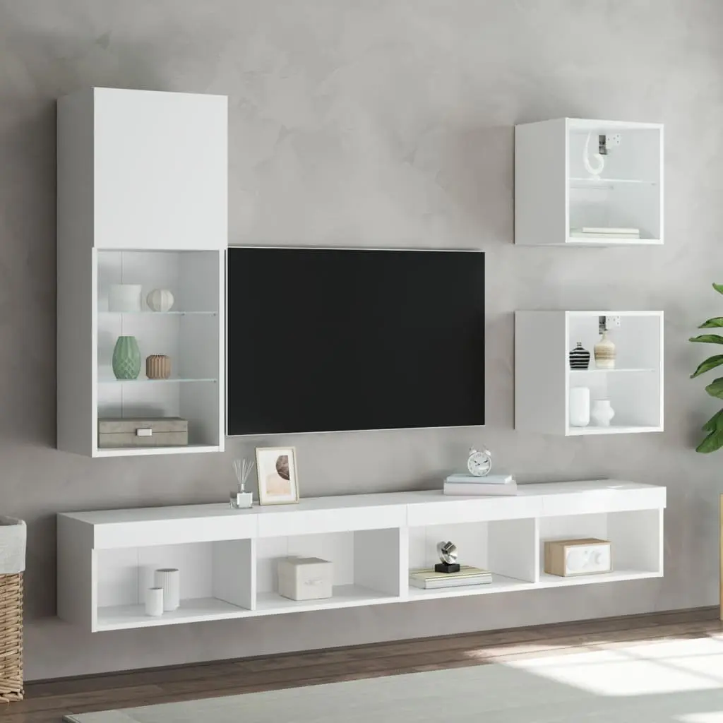 TV Cabinet with RGB LED Lights White Wall-Mounted Entertainment Unit Storage