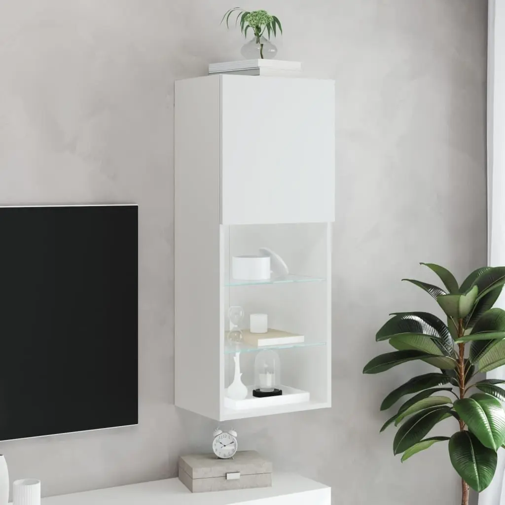 TV Cabinet with RGB LED Lights White Wall-Mounted Entertainment Unit Storage