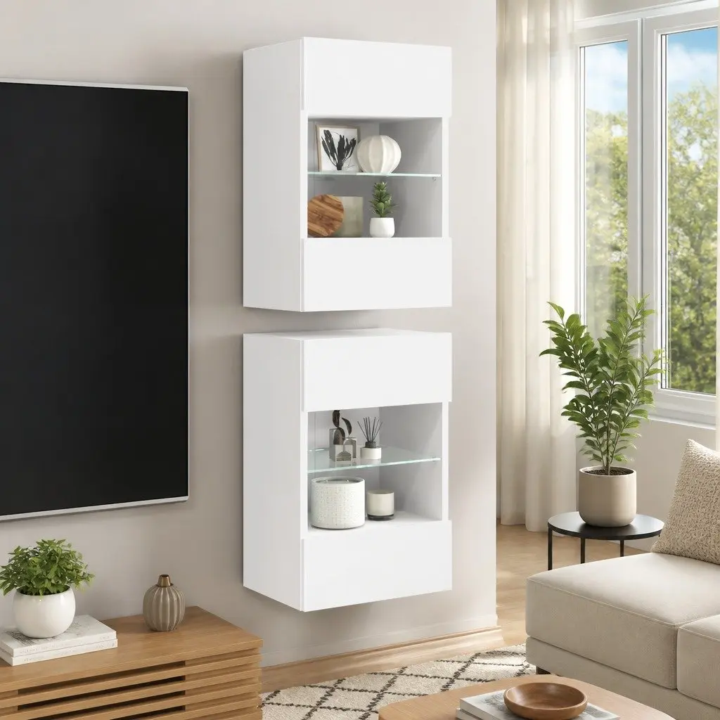 White Wall Cabinets with LED Lighting for Storage